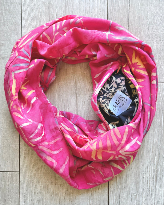 Pink Leaves - Batik Pocket Scarf